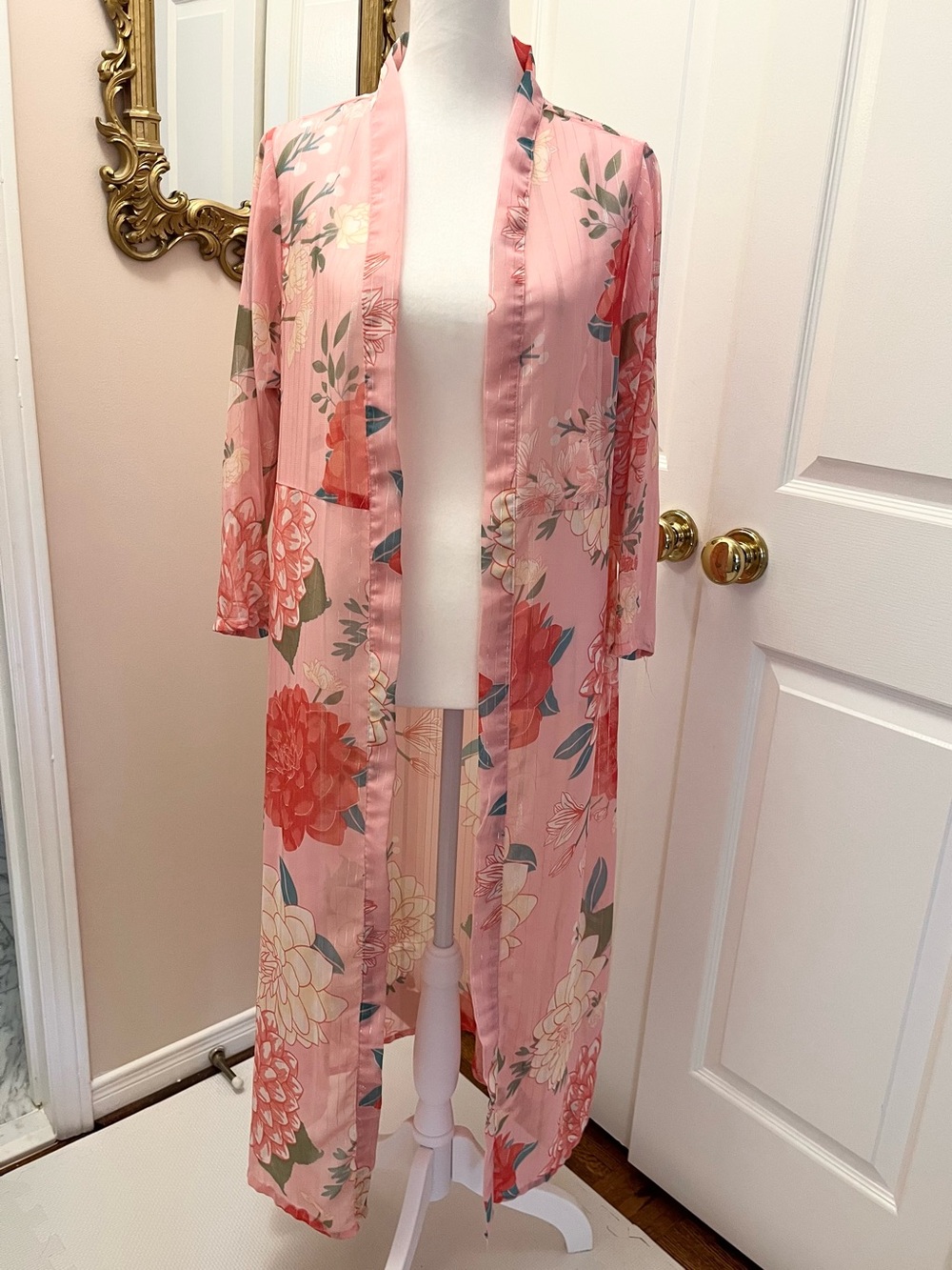 Max Floral Long Kimono Duster Pink Boho Size L